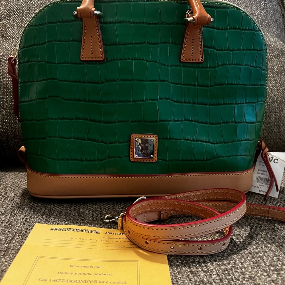 Dooney & Bourke Green Croc-Embossed Satchel with Tan Accents